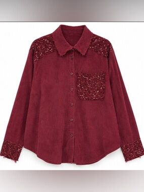 Umgee Sample Burgundy Corduroy Sequin Button Down Shacket S/M
